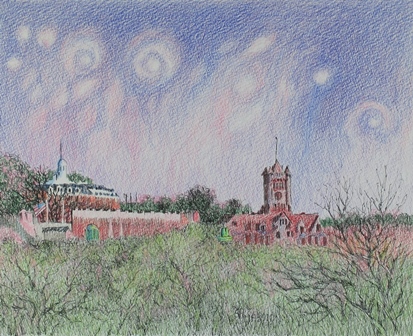 Ink Pen and Colored Pencil drawing 'Starry Night Over Wheaton College And Courthouse'