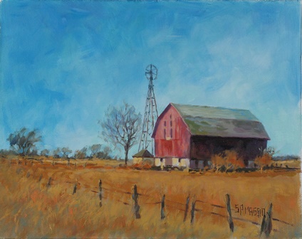 Original Oil Painting Windmill Barn